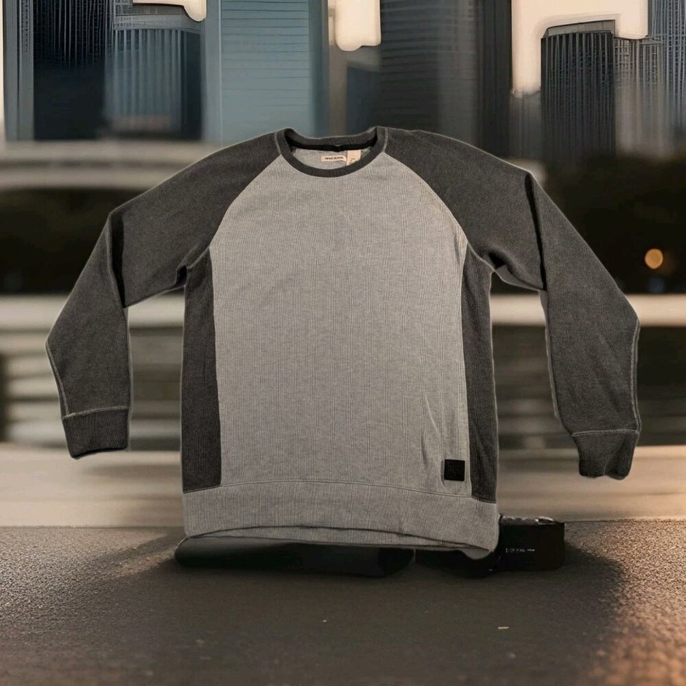 DKNY COLOR BLOCK MEN'S GRAY CREW NECK SWEATER RAGLAN PULLOVER SWEATER